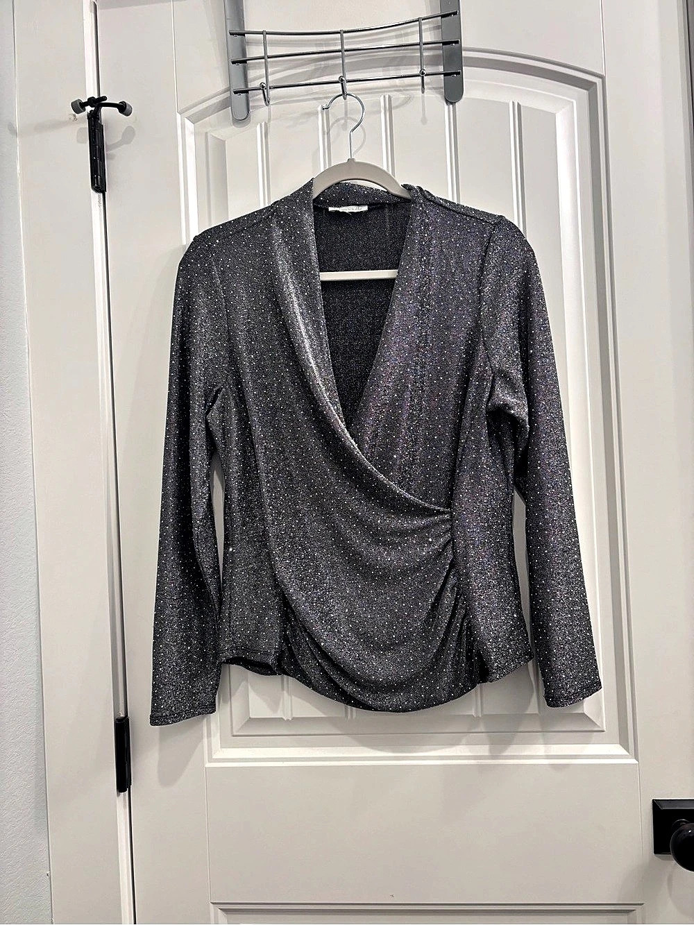 Chenault Sparkle Draped Long Sleeve Top in Black Like New